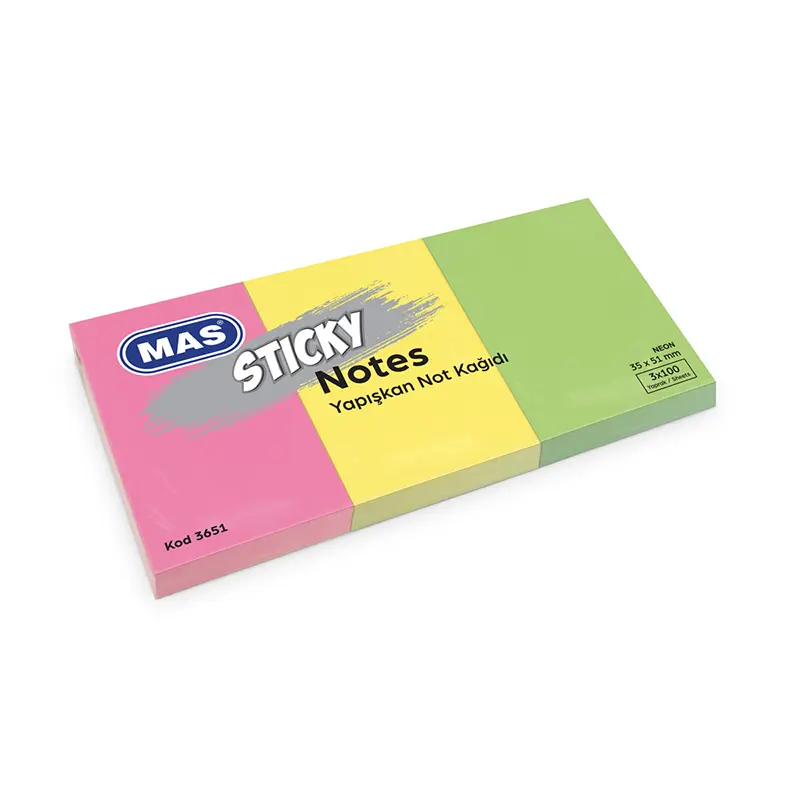 Mas 3651 Yapışkanlı Not Kağıdı Neon 100 Sayfa 35mm x 51mm 3 Blok x 12 Li Paket