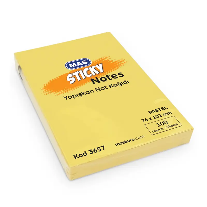 Mas 3657 Yapışkanlı Not Kağıdı 100 Sayfa 76mm x 102mm Pastel Sarı x 12 Li Paket