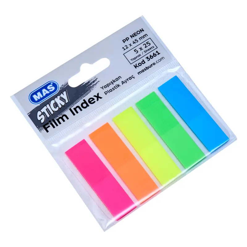 Mas 3661 PP Film Indeks 12mm x 45mm Dörtgen 25 Sayfa 5 Renk x 30 Lu Paket