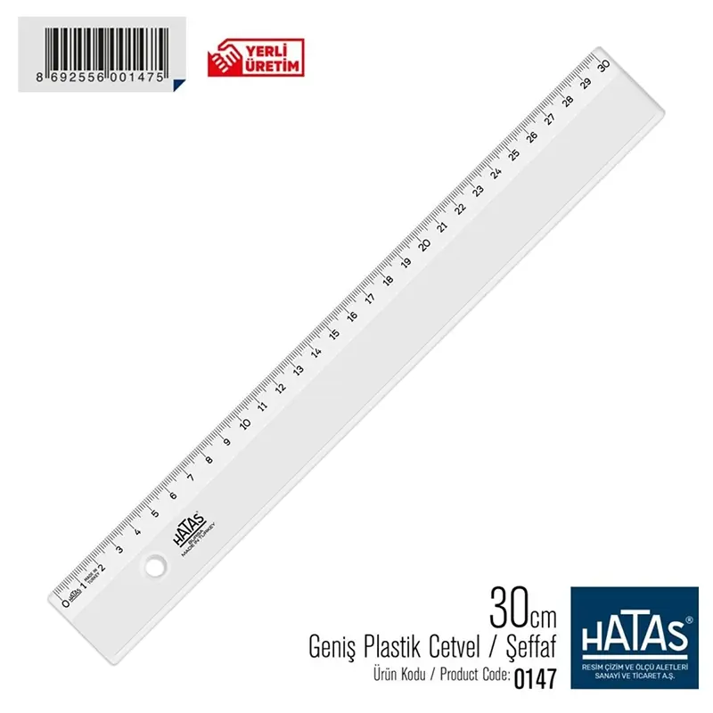 Hatas 00147 Geniş Plastik Cetvel Şeffaf 30cm x 25 Li Kutu
