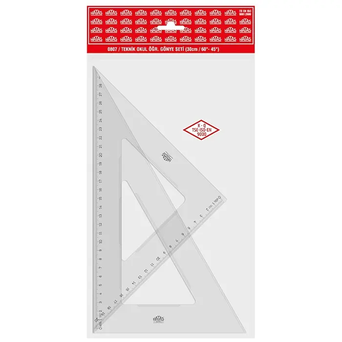 Hatas 0807 Plastik Öğrenci Gönye Seti 45-60 Derece 30cm x 10 Lu Kutu