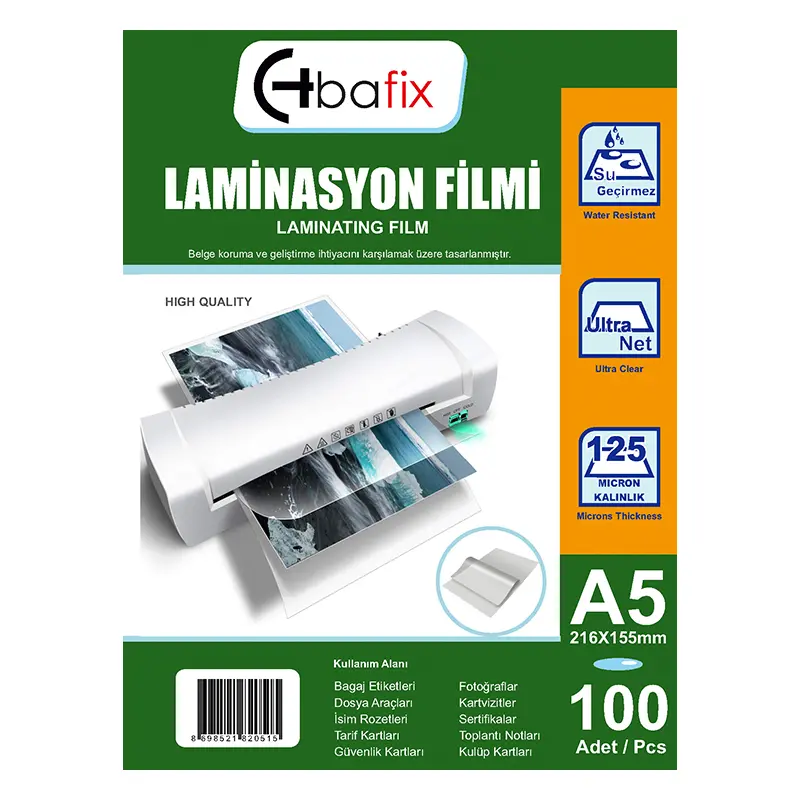 Bafix Laminasyon Filmi 216mm x 155mm 125 Micron A5 x 100 Lü Paket