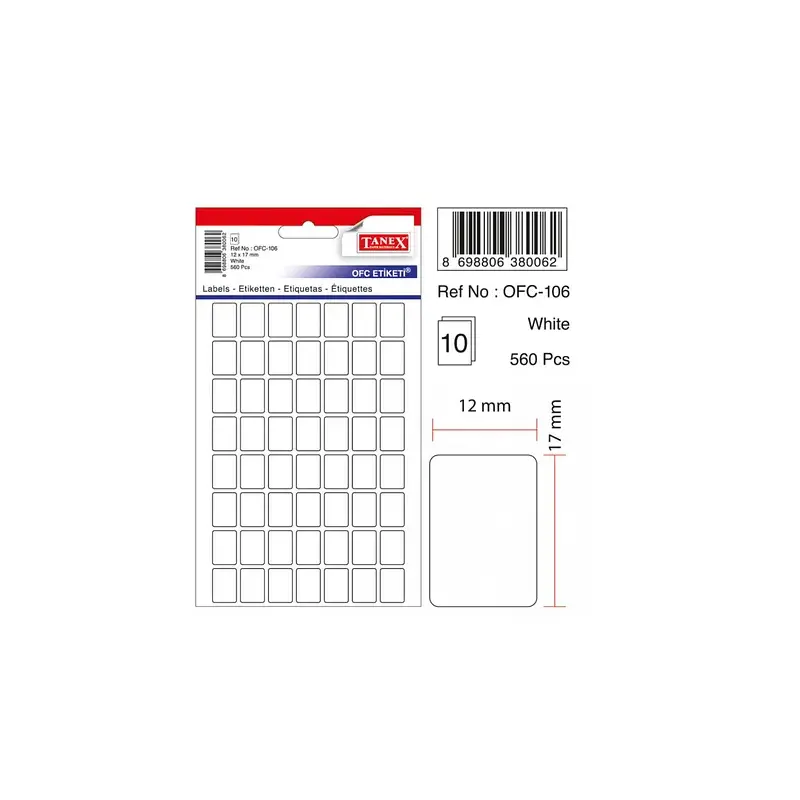 Tanex OFC-106 Ofis Etiketi 12x17mm Beyaz Poşetli x 10 Lu Paket