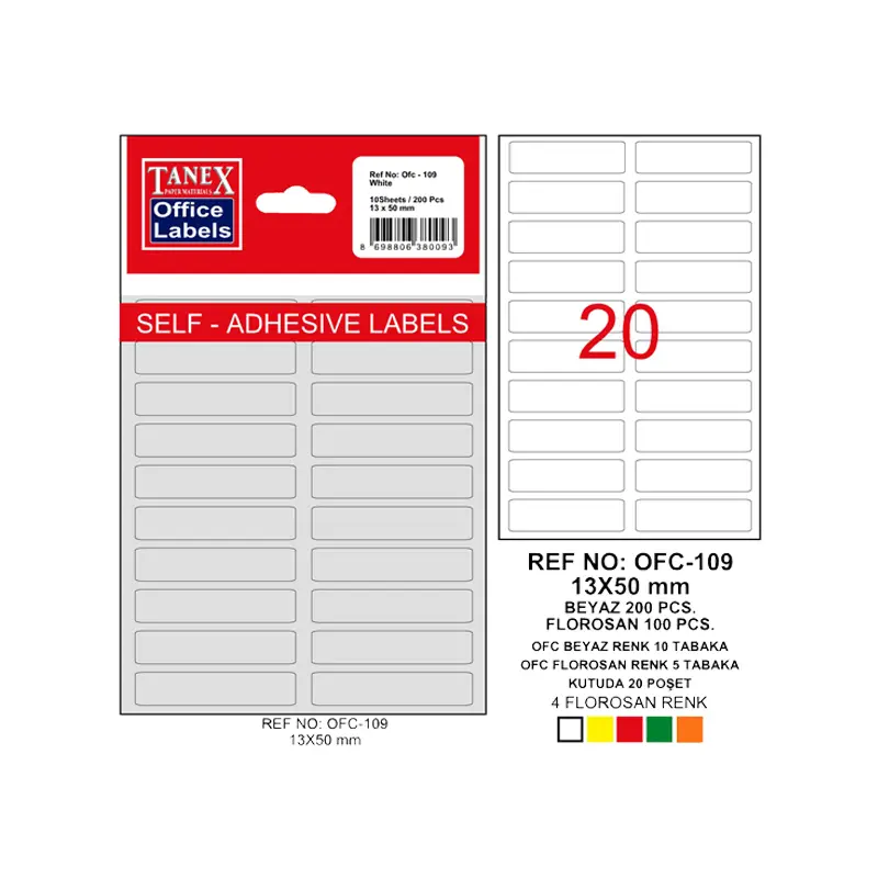 Tanex OFC-109 Ofis Etiketi 13x50mm Beyaz Poşetli x 10 Lu Paket