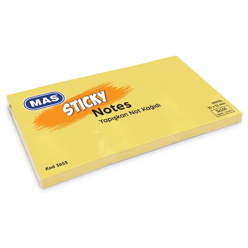 Mas 3653 Yapışkanlı Not Kağıdı 3 Lü Blok 100 Sayfa 35mm x 51mm Pastel Sarı x 12 Li Paket