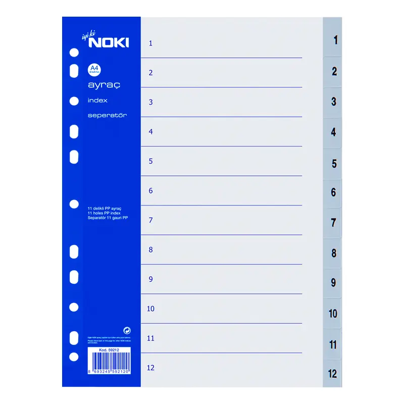 Noki 59212 Plastik Seperatör 1-12 Rakamlı A4 x 40 Lı Paket
