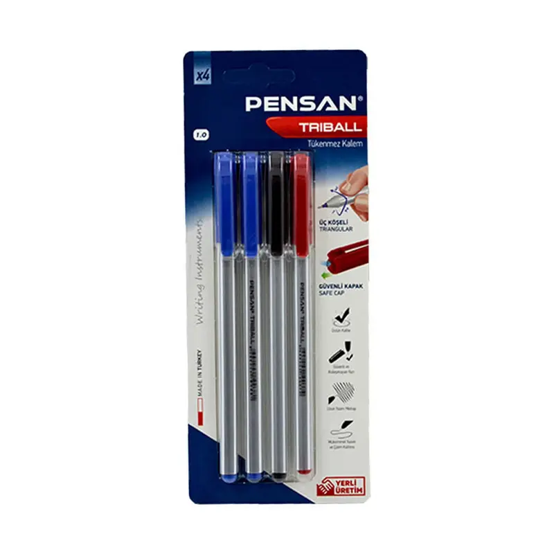 Pensan 1003 Triball Tükenmez Kalem (Mavi-Siyah-Kırmızı) 4 Lü Blister