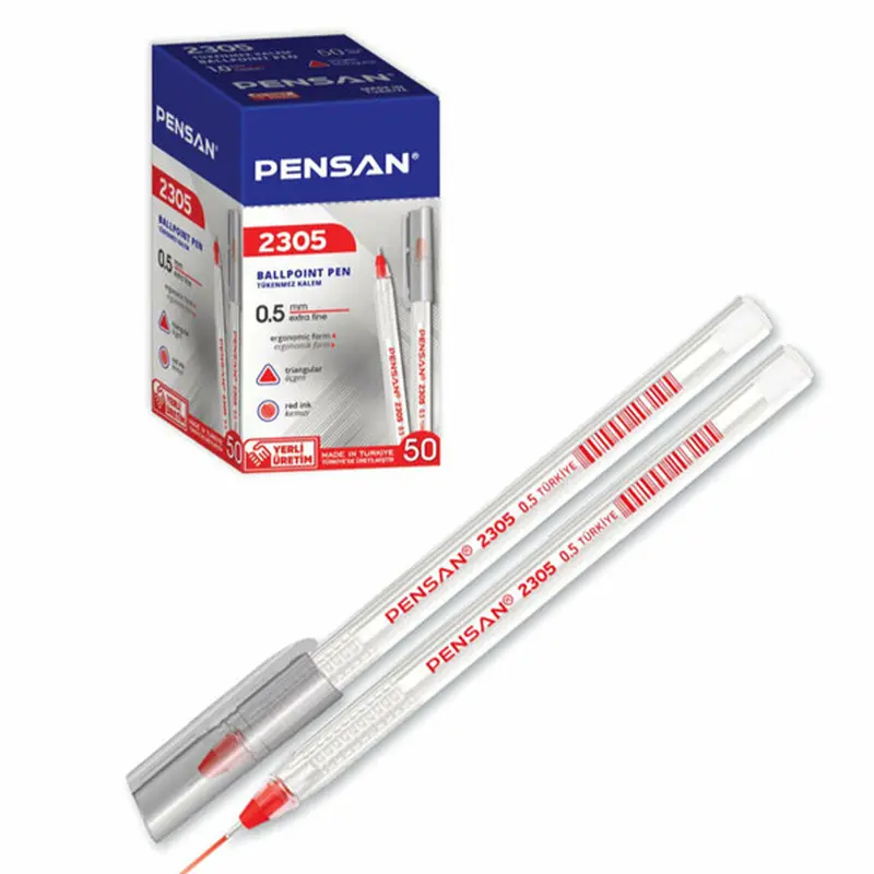 Pensan 2305 Üçgen Gövde Tükenmez Kalem Kırmızı 0.5mm 50 Li Kutu