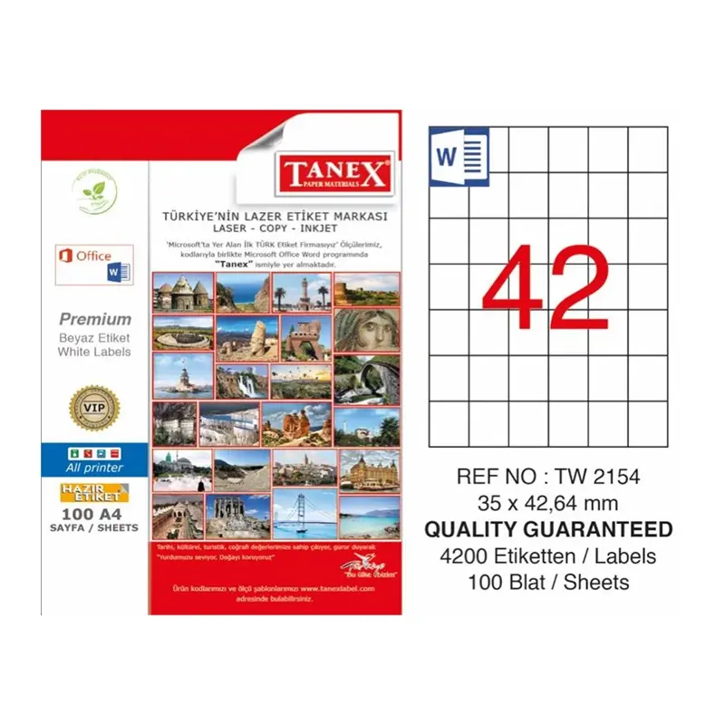 Tanex TW-2154 Lazer Etiket 35x42.64mm 100 Yaprak