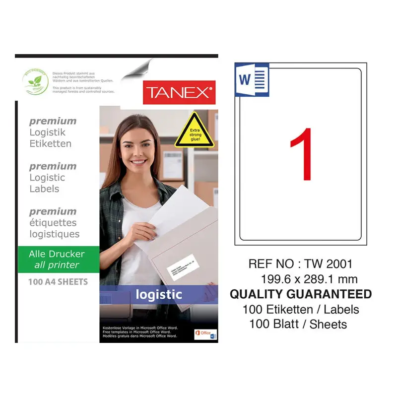 Tanex TW-2001 Lazer Etiket 199.6x289.1 mm 100 Yaprak