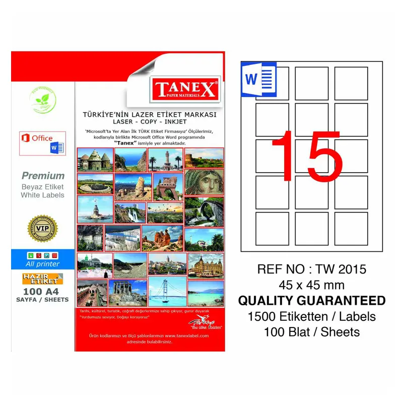 Tanex TW-2015 Lazer Etiket 45x45mm 100 Yaprak