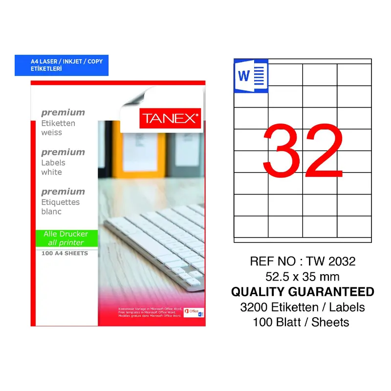Tanex TW-2032 Laser Etiket 52.5x35mm 100 Yaprak