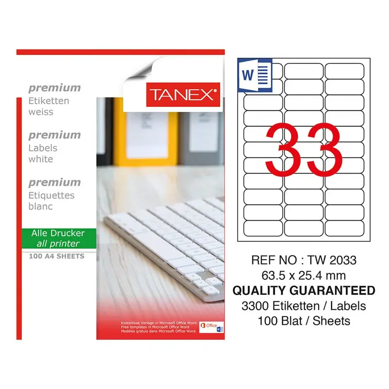 Tanex TW-2033 Lazer Etiket 63.5x25.4mm 100 Yaprak