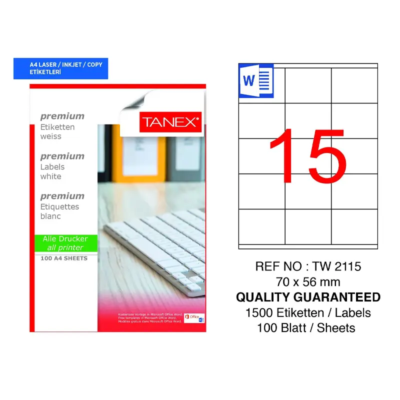 Tanex TW-2115 Lazer Etiket 70x56mm 100 Yaprak