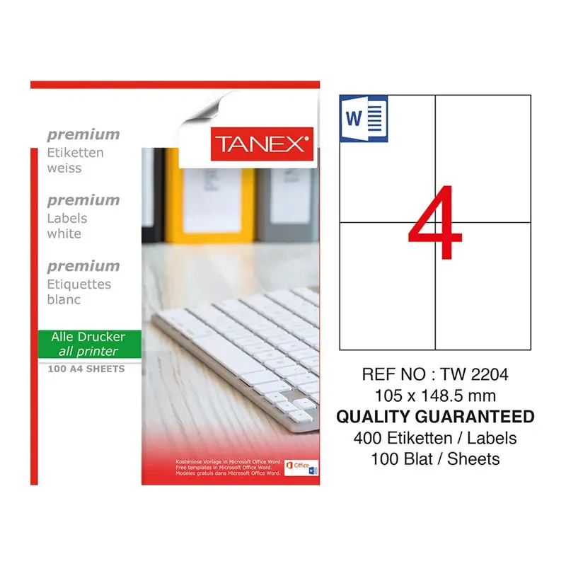 Tanex TW-2204 Lazer Etiket 105x148,5mm 100 Yaprak