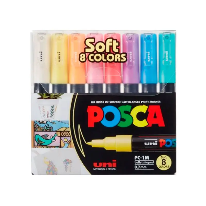 Uni-Ball PC-1M Posca Su bazlı Poster Markörü 0.7mm Soft Renkler 8 Li Set