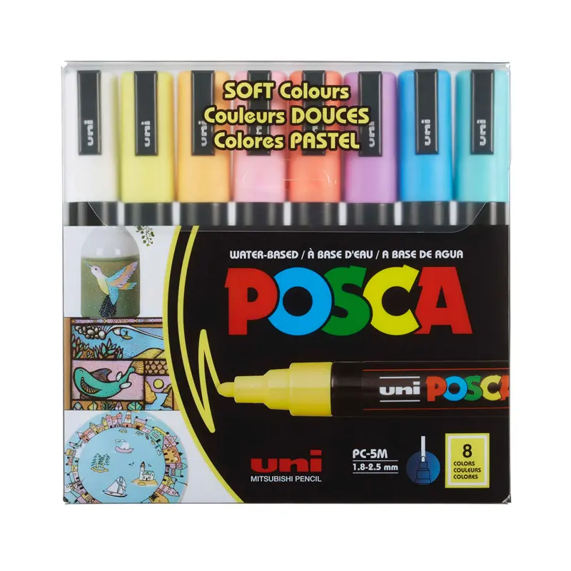 Uni-Ball PC-5M Posca Su Bazlı Poster Boyama Markörü 1.8-2.5mm Soft Renkler 8 Li Set