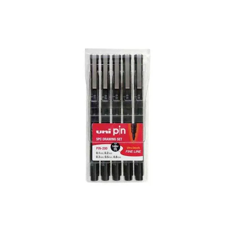 Uni-Ball PIN-200/5P Pin Akrilik Uçlu Fine Line Çizim Kalemi Siyah 5 Li Set