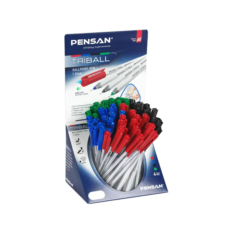 Pensan 1003 Triball Bilye Uç Tükenmez Kalem 1.0mm Mavi-Siyah-Kırmızı-Yeşil x 60 Lı Stand