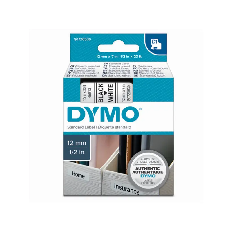 Dymo S0720530 D1 Şerit Standart 12mm x 7 Metre Beyaz Üzerine Siyah