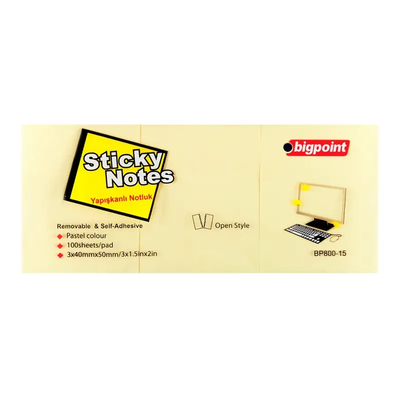 Bigpoint BP800-15 Yapışkanlı Not Kağıdı 40mm x 50mm Sarı 3 Lü x 4 Lü Paket