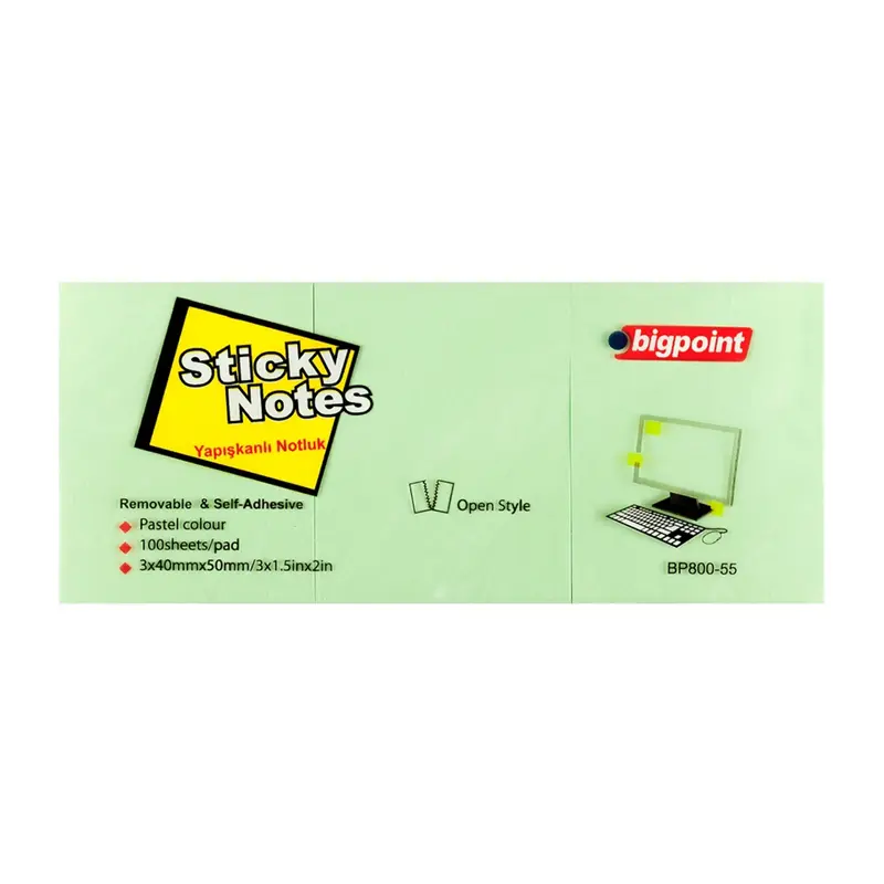 Bigpoint BP800-55 Yapışkanlı Not Kağıdı 40mm x 50mm 3 Lü Yeşil x 4 Lü Paket