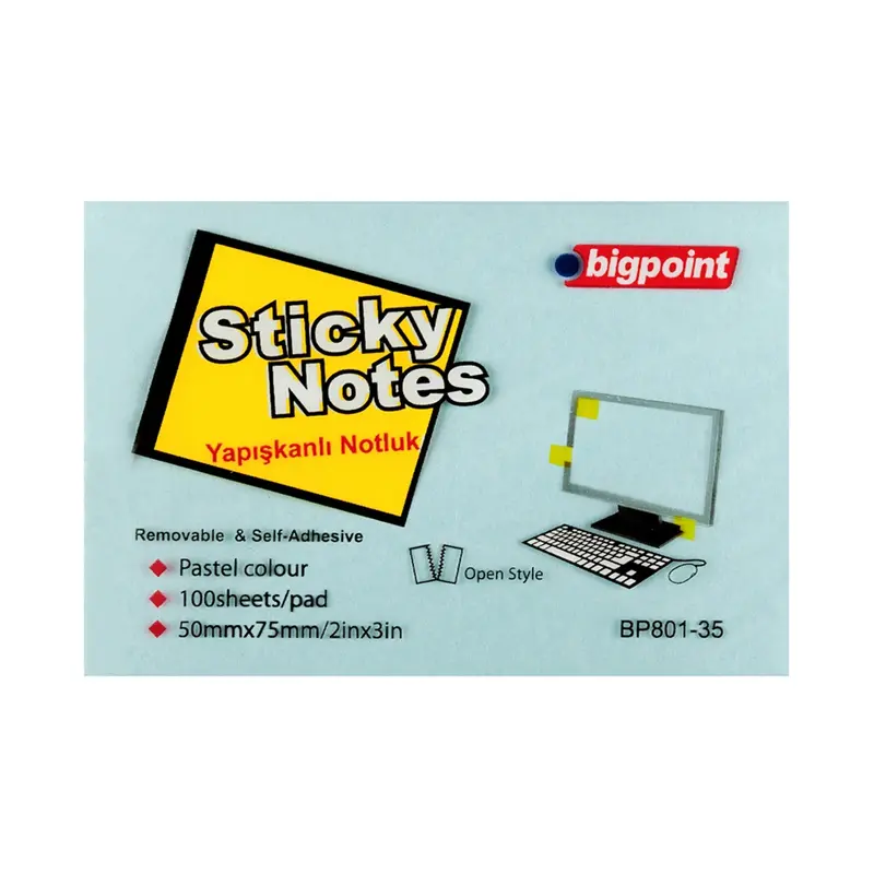 Bigpoint BP801-35 Yapışkanlı Not Kağıdı 75mm x 50mm Pastel Mavi x 12 Li Paket