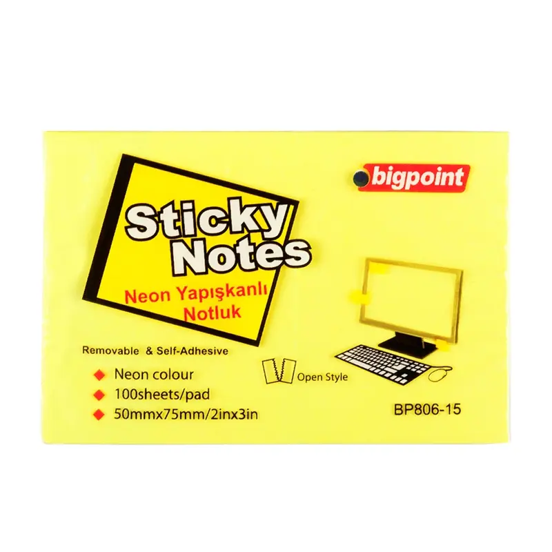 Bigpoint BP806-15 Yapışkanlı Not Kağıdı 75mm x 50mm Neon Sarı x 12 Li Paket
