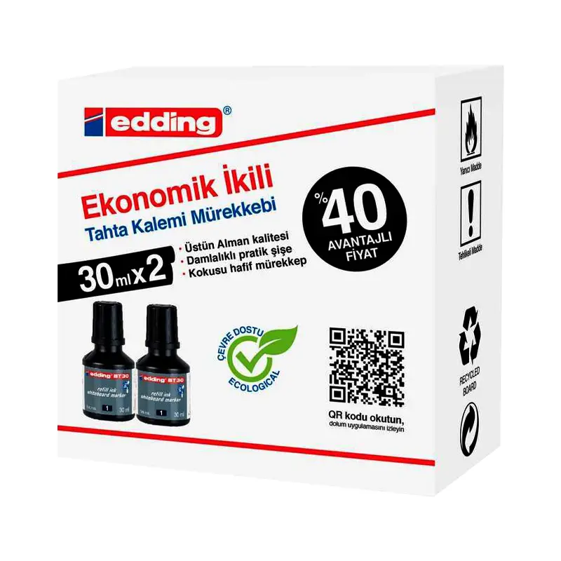Edding BT30 Damlalıklı Ekonomik Tahta Kalem Mürekkebi 30 ML Siyah x 2 Li Kutu