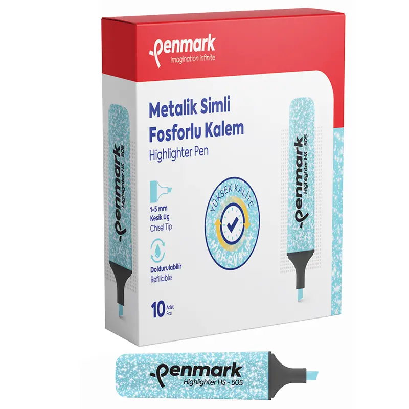 Penmark HS-505 16 Fosforlu Kalem Metalik Simli Mavi x 10 Lu Kutu