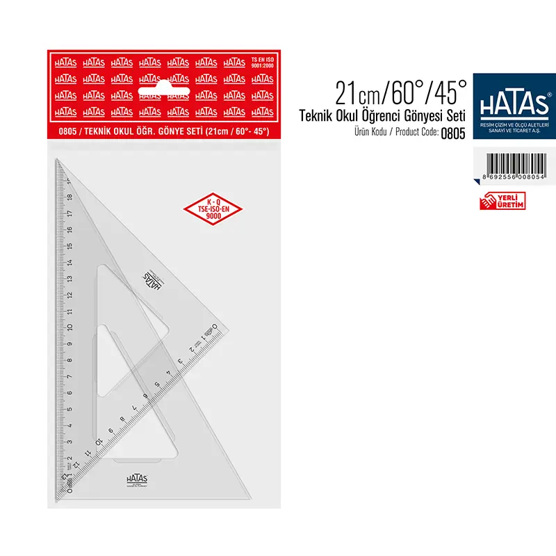 Hatas 0805 Plastik Öğrenci Gönye Seti 45 ve 60 Derece 21cm x 10 Lu Kutu