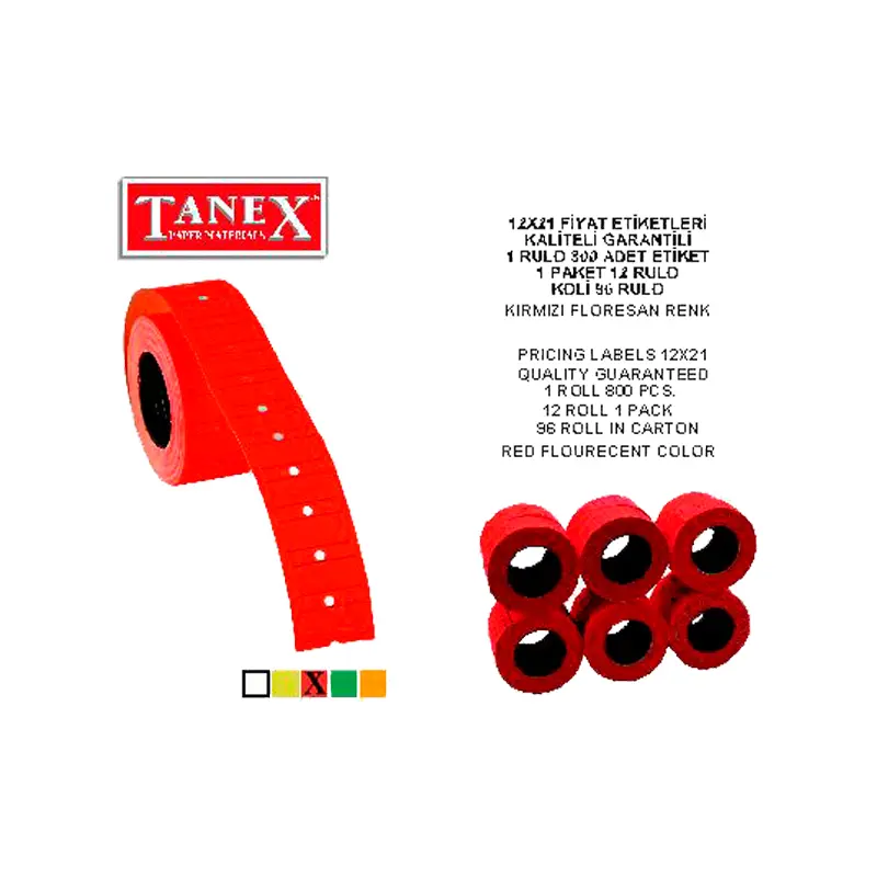 Tanex Fiyat Etiketi Çizgili Fosforlu Kırmızı 12mm x 21mm 800 Lü x 6 Lı Paket