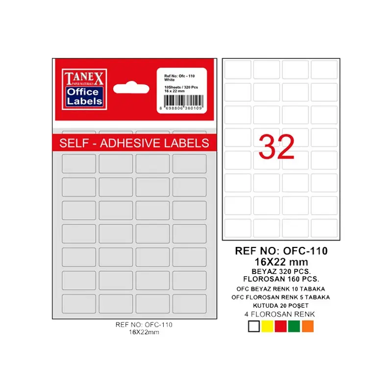 Tanex OFC-110 Ofis Etiketi 16x22mm Beyaz Poşetli x 10 Lu Paket