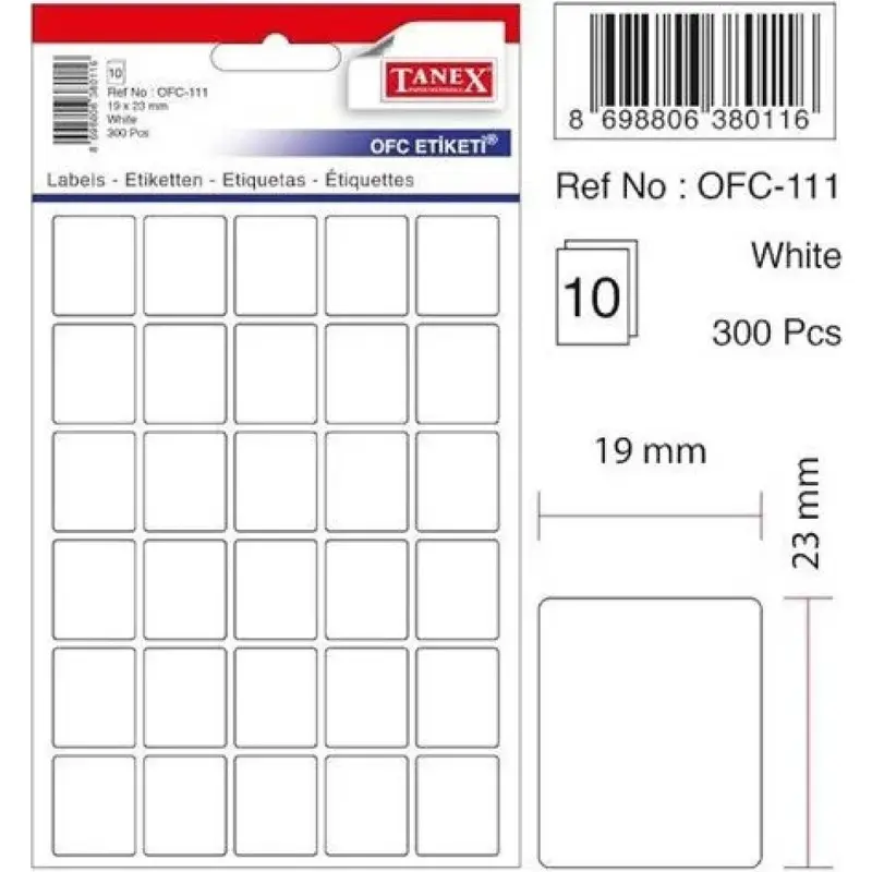 Tanex OFC-111 Ofis Etiketi 19x23mm Beyaz Poşetli x 10 Lu Paket