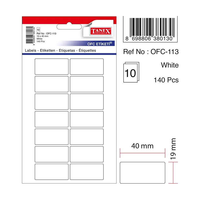Tanex OFC-113 Ofis Etiketi 19x40mm Beyaz Poşetli x 10 Lu Paket