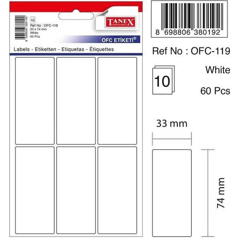 Tanex OFC-119 Ofis Etiketi 33x74mm Beyaz Poşetli x 10 Lu Paket