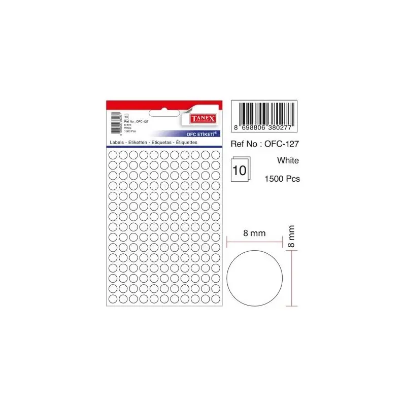 Tanex OFC-127 Ofis Etiketi Yuvarlak 8mm Beyaz Poşetli x 10 Lu Paket