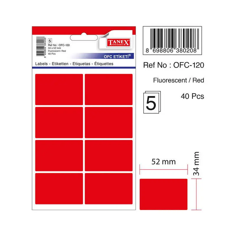 Tanex Ofc-120 Ofis Etiketi 52x34mm Floresan Kırmızı Poşetli x 10 Lu Paket