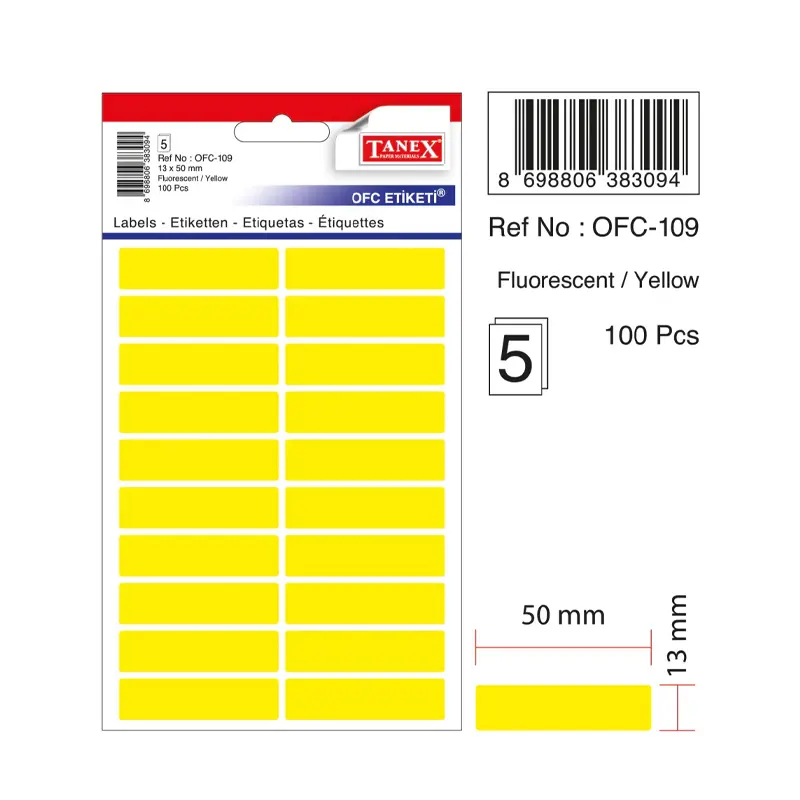 Tanex Ofc-109 Ofis Etiketi 13x50mm Fosforlu Sarı Poşetli x 10 Lu Paket