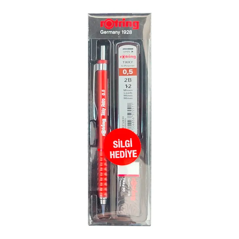 Rotring Tikky Retro Okul Seti Versatil Kalem 0.5mm + Min + Silgi Kırmızı
